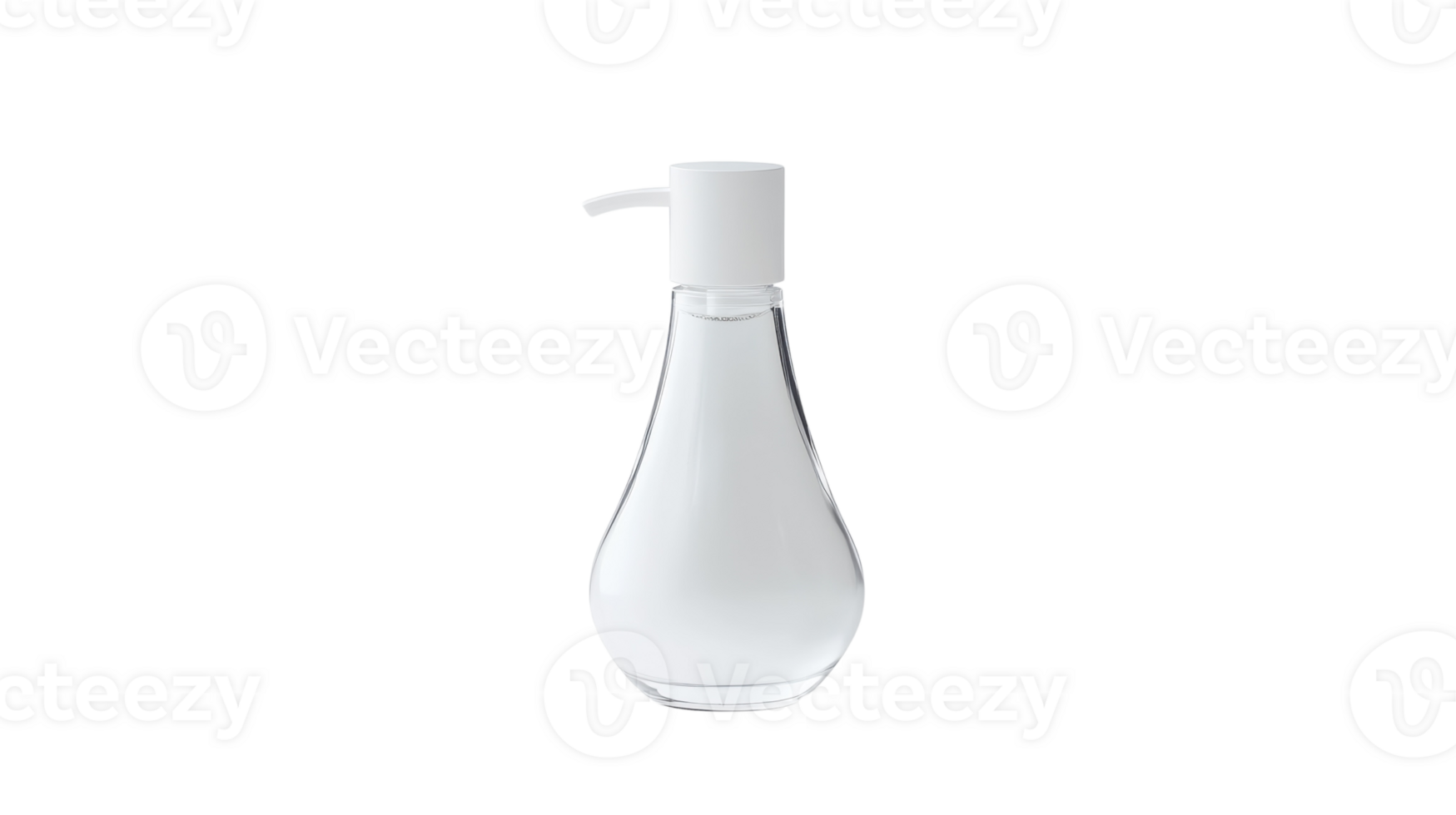 A clear glass bottle with a white pump png