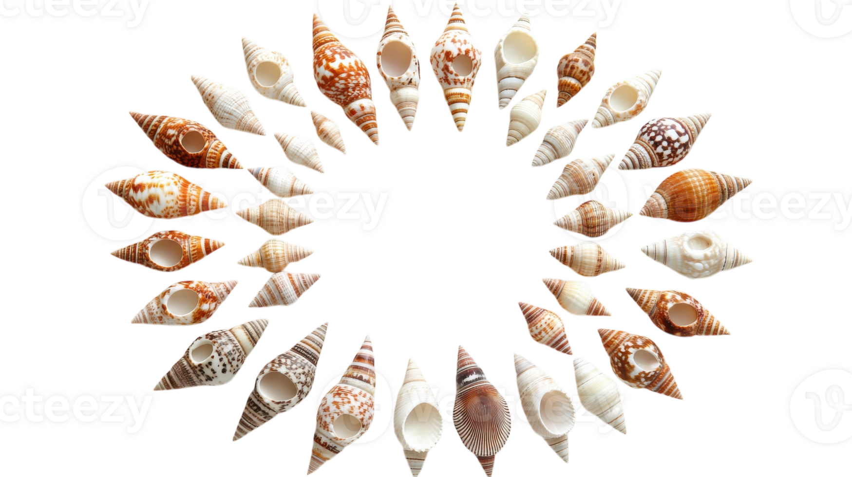 Shells arranged in a circle on a black background png