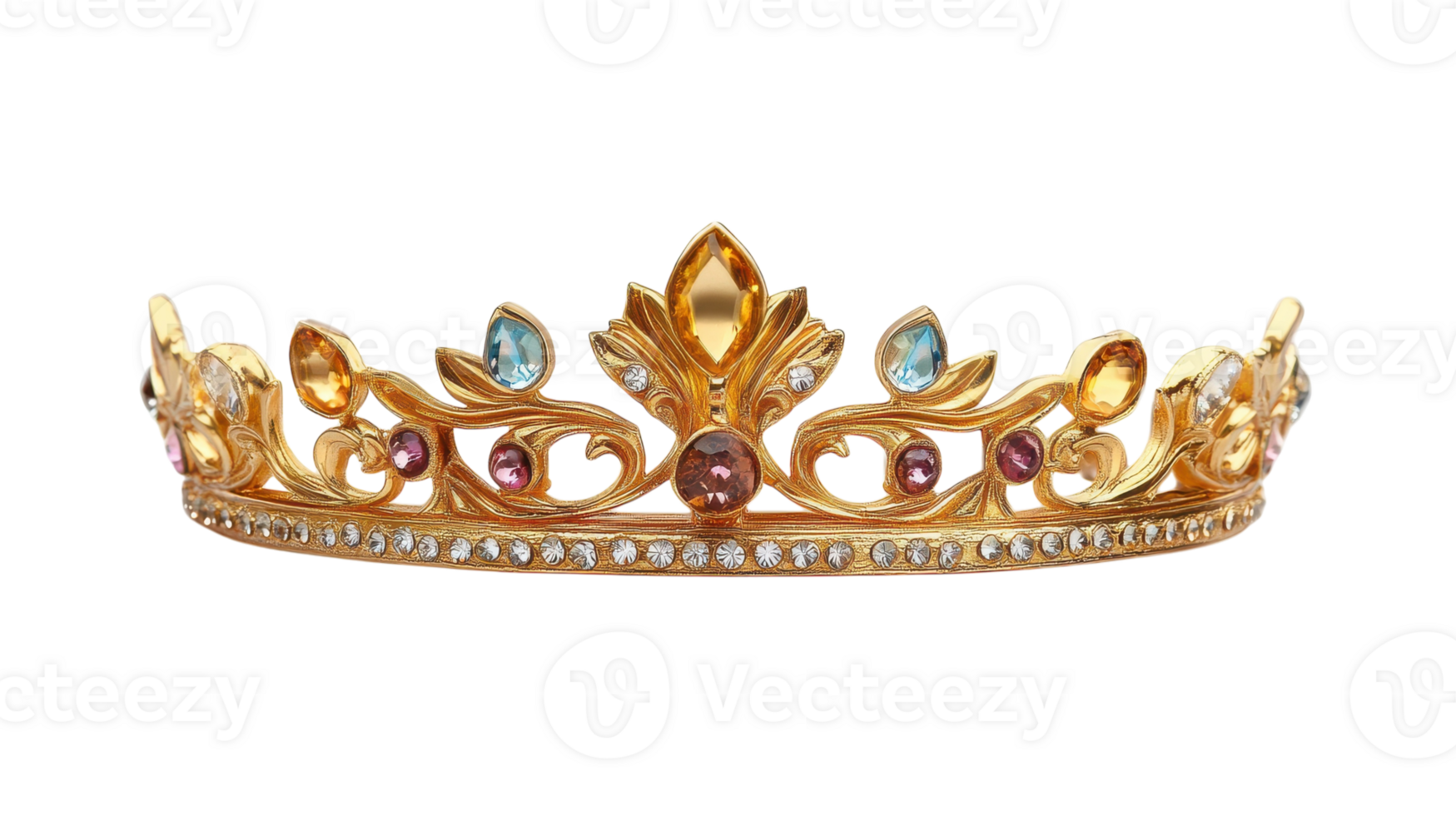 Golden crown with multi colored stones on a black background png