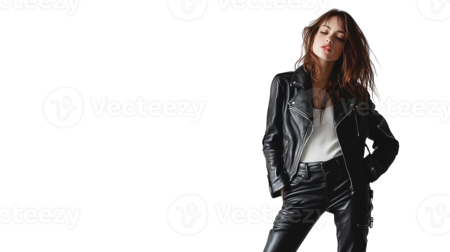 Stylish Biker Girl in a Leather Jacket Perfect for Fashion and Lifestyle Imagery, Capturing the Essence of Freedom and Adventure. png