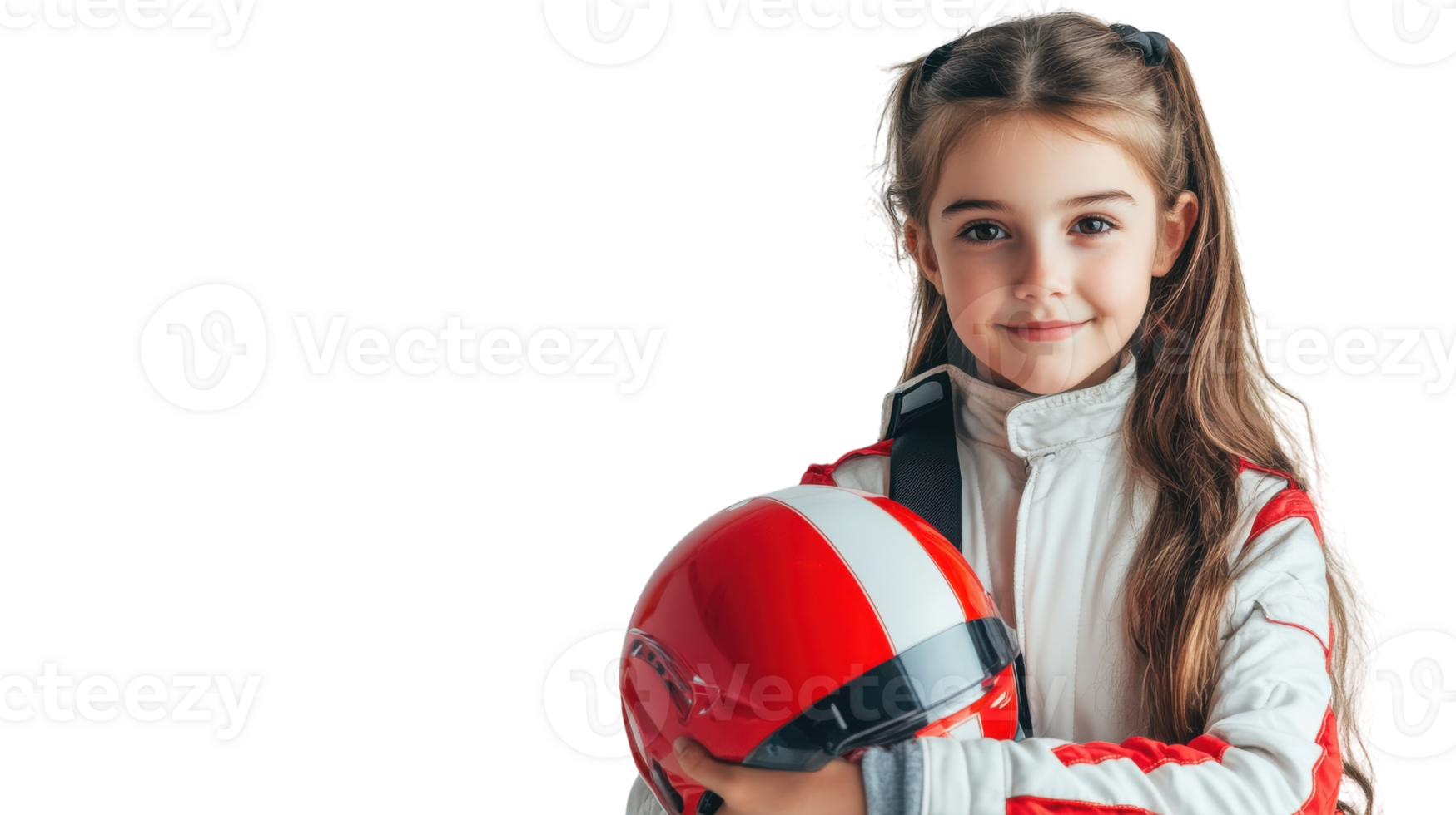 A girl dressed as a race car driver holding a trophy showcasing her achievement while promoting enthusiasm for motorsports and inspiring young female drivers. png