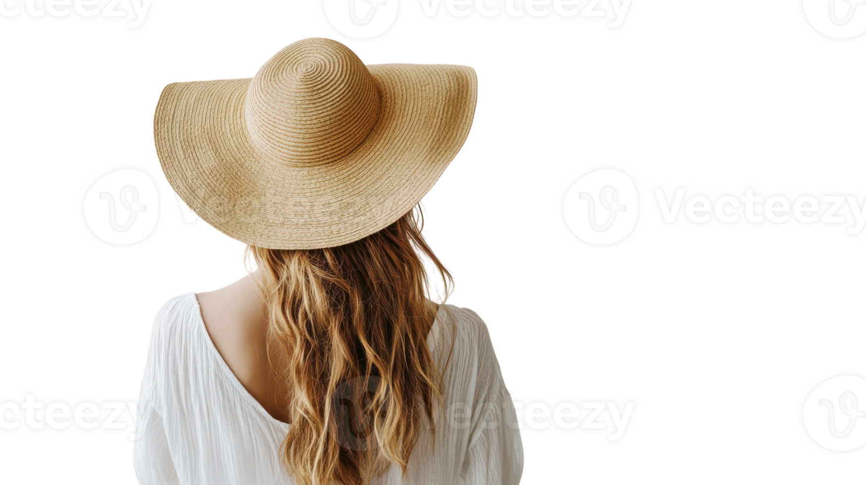 A girl enjoying her summer day at the beach in a stylish beach outfit featuring a wide-brimmed hat, perfect for fashion and lifestyle promotions or summer-themed visuals.. png