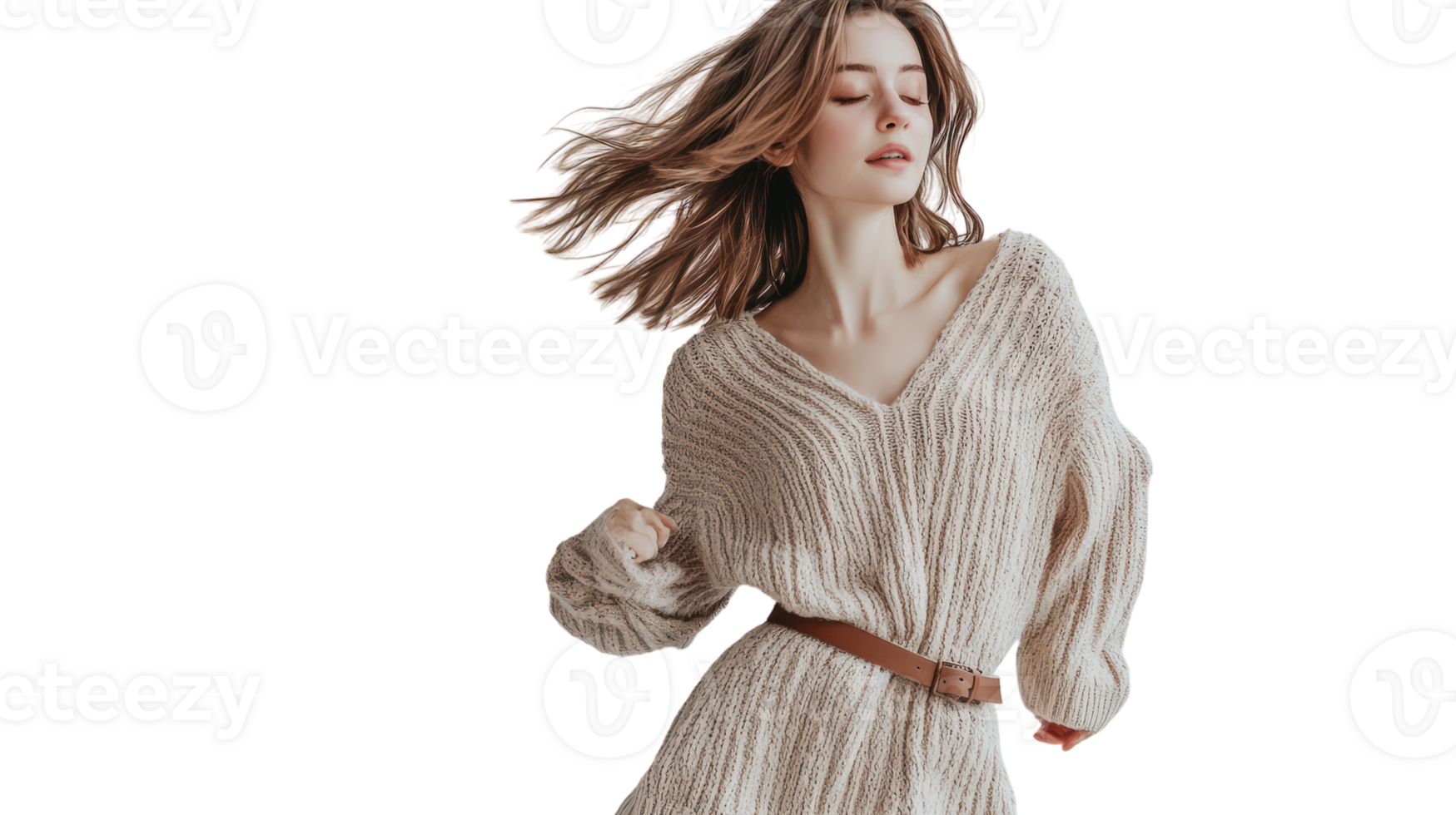 Captivating Image of a Girl in a Casual Knit Dress with a Belt, Perfect for Fashion Blogs, Style Guides, and Social Media Posts Featuring Trendy Outfit Inspirations. png