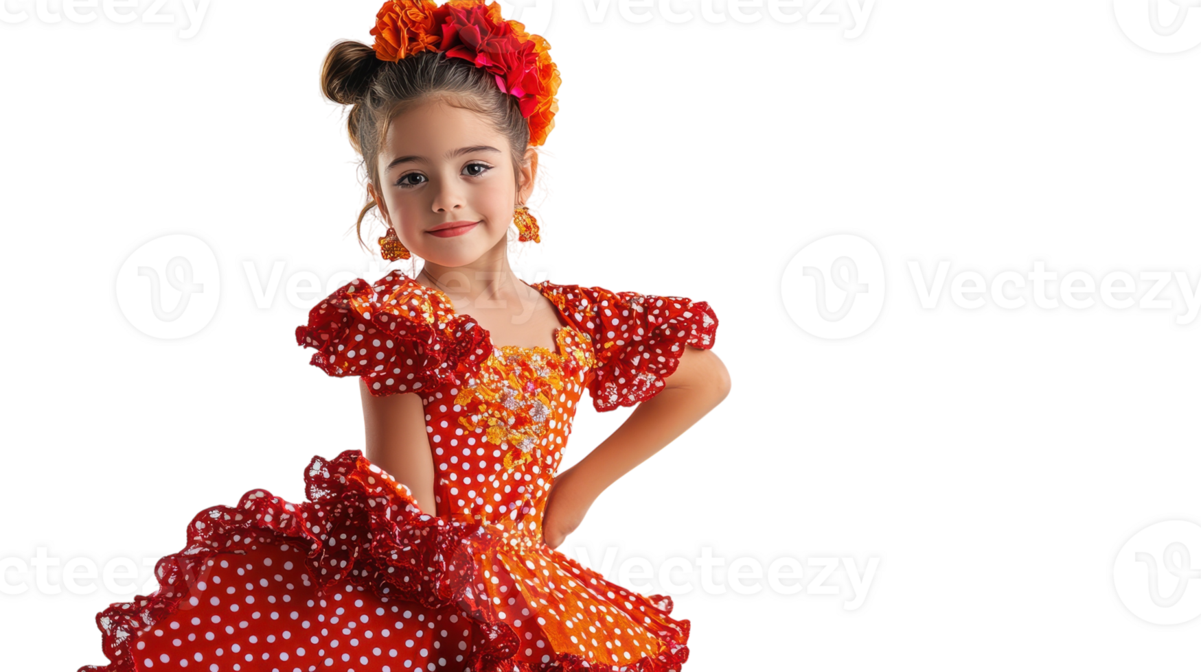 A Vibrant and Colorful Image of a Girl in a Flamenco Dress with Ruffles Perfect for Celebrating Culture and Dance in Presentations. png