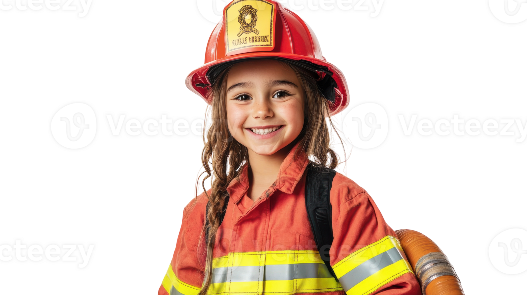 Empowered Young Girl in a Firefighter Uniform Demonstrating Courage with a Fire Hose for Community Awareness Campaign. png