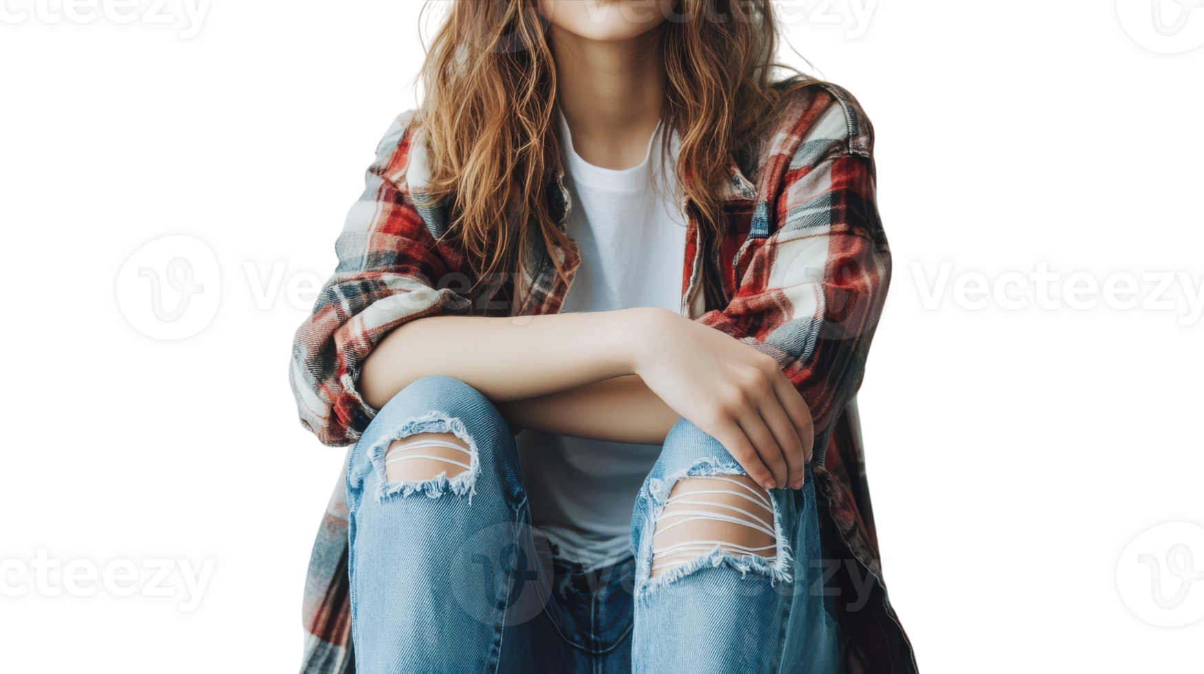 Stylish Young Woman Wearing a Flannel Shirt and Ripped Denim Jeans, Perfect for Fashion and Lifestyle Blogs. png
