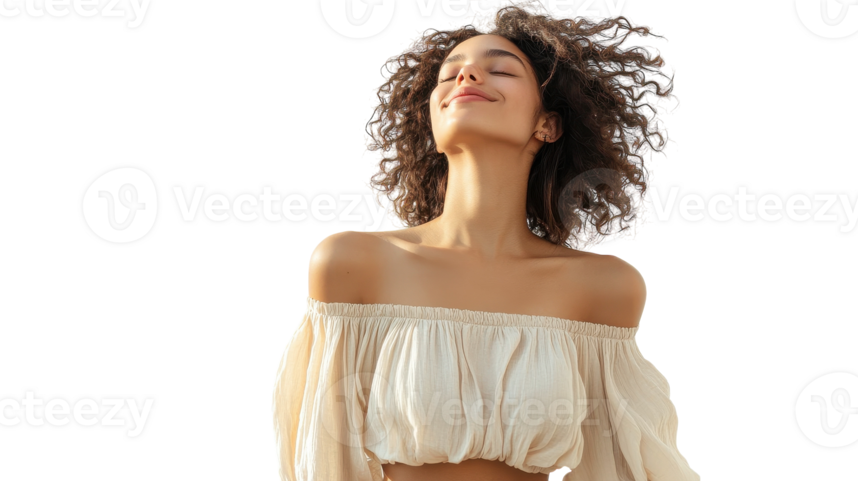 Stylish young woman wearing a flowy off-shoulder blouse, perfect for summer outings, casual gatherings, or beach days reflecting elegance and comfort.. png