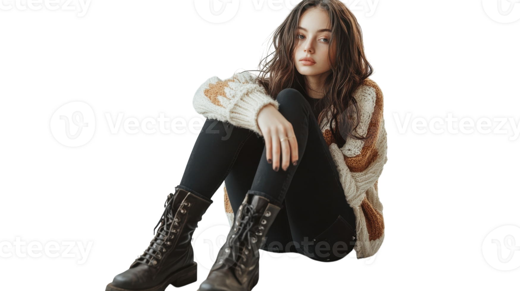A fashionable girl showcasing a stylish layered cardigan paired with chic ankle boots, perfect for casual outings or autumn fashion inspiration.. png