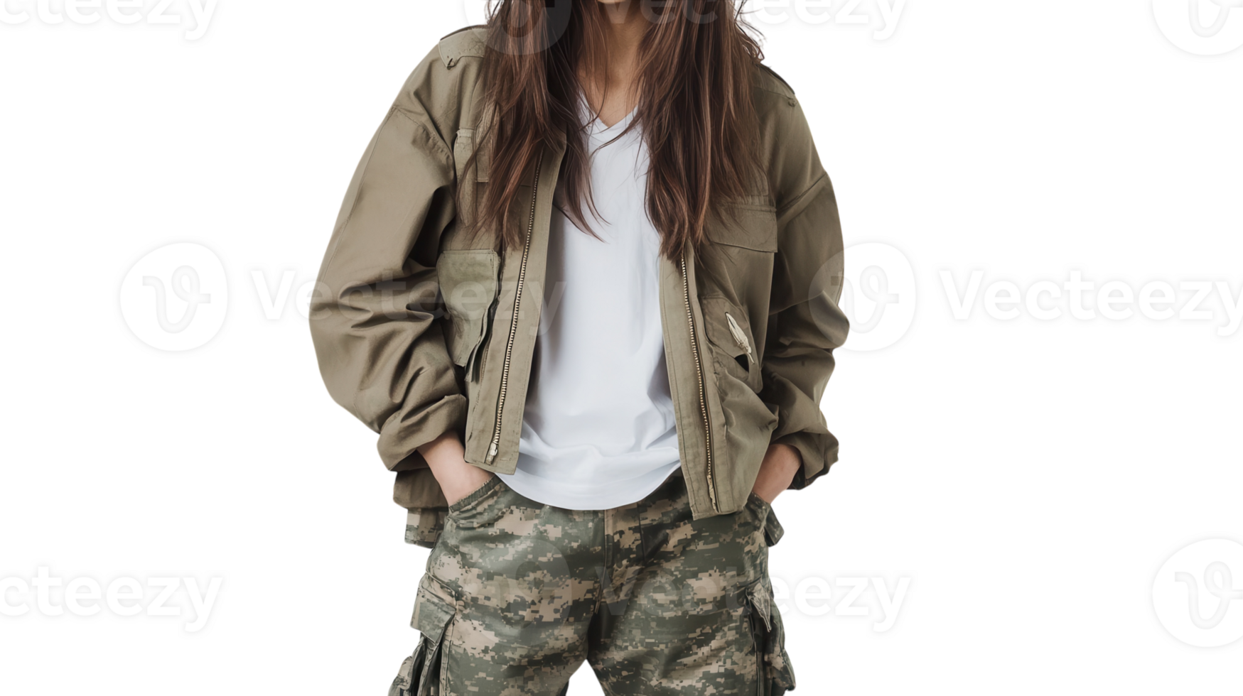 Stylish Girl in Military Jacket and Camo Pants Capturing a Trendy Look for Street Fashion Enthusiasts. png