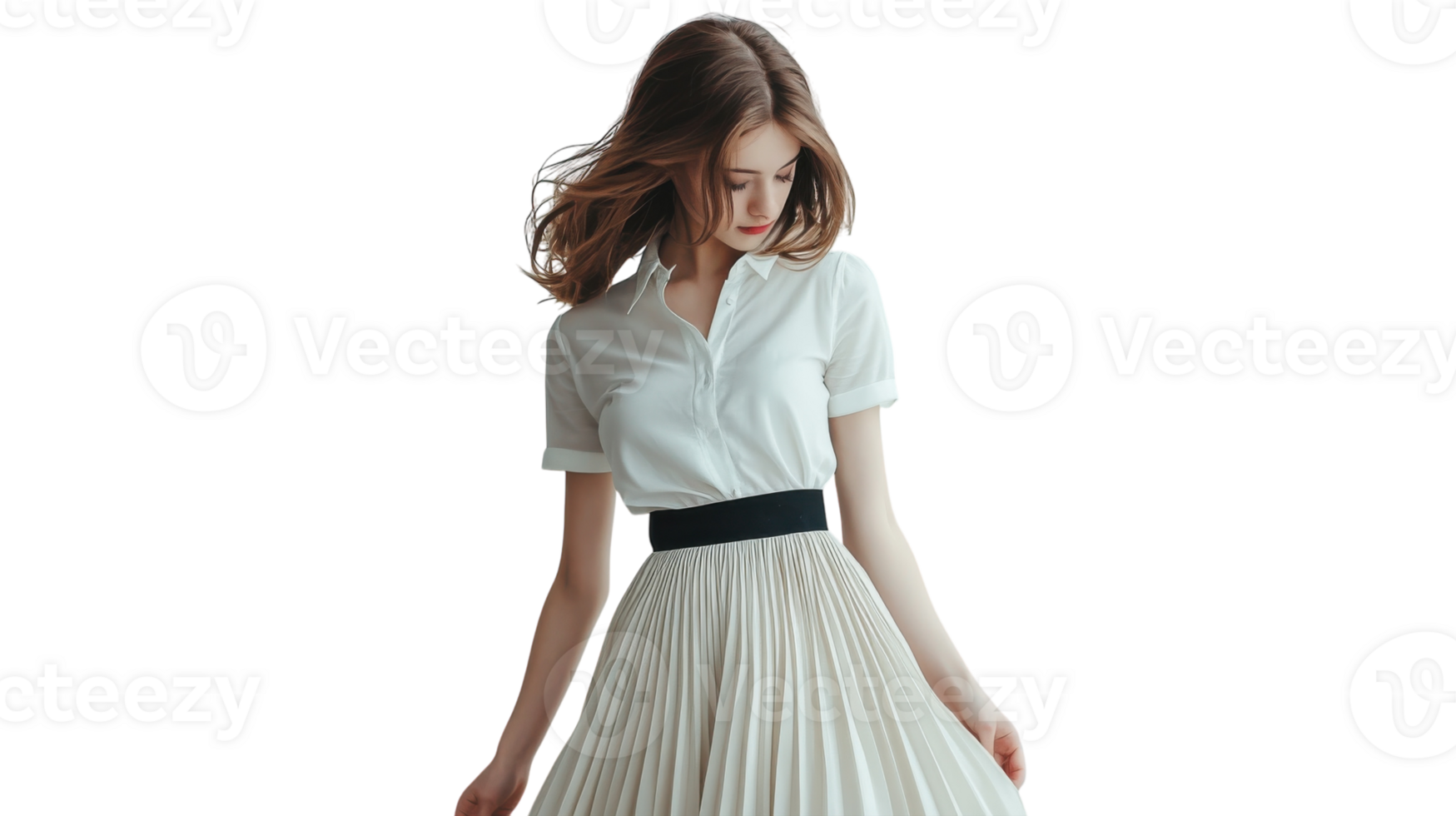 A Fashionable Girl in a Pleated Skirt and Tucked in Blouse Perfect for Contemporary Casual Outfits and Stylish Streetwear Inspiration. png