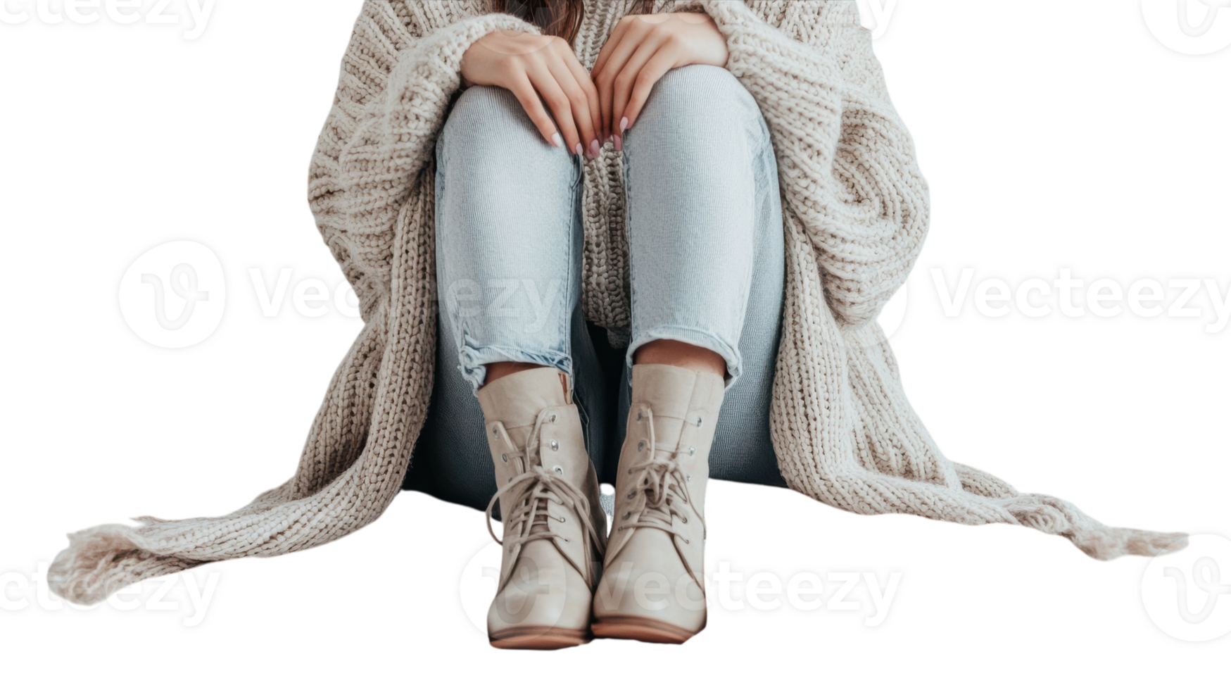 A fashionable girl dressed in a stylish layered cardigan paired with trendy ankle boots, perfect for a casual outing or a chic street style look.. png