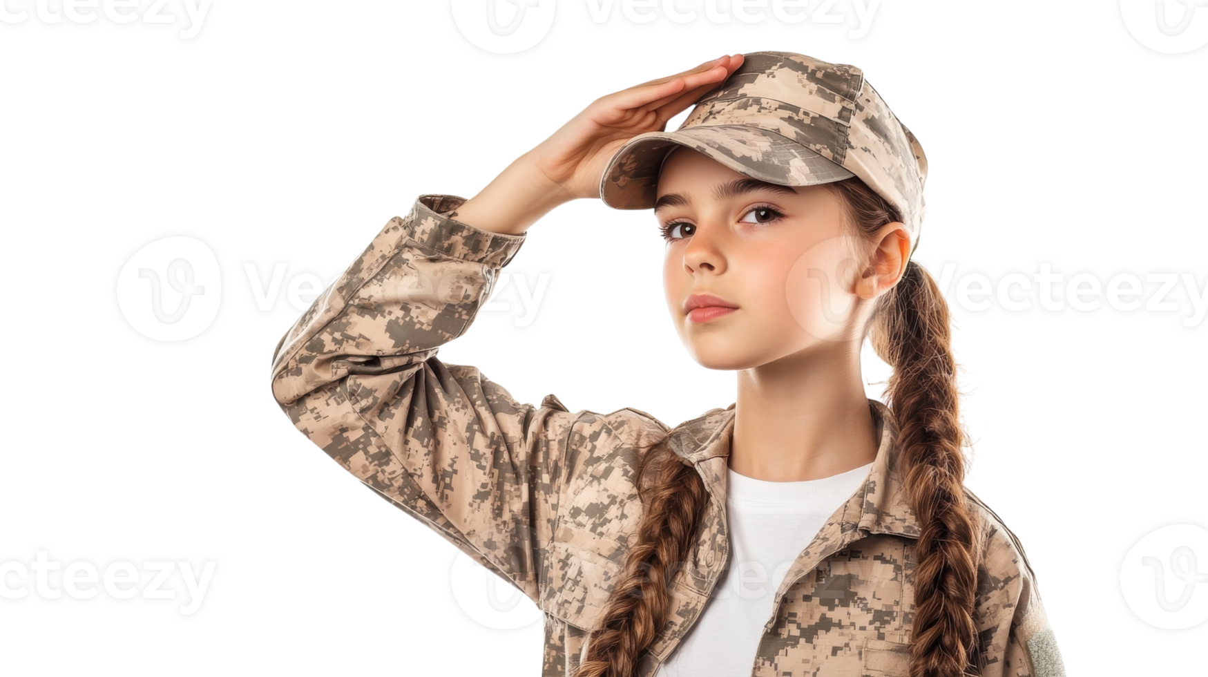 A Young Girl in Military Uniform Saluting Proudly, Symbolizing Strength and Honor in a Patriotic Context. png