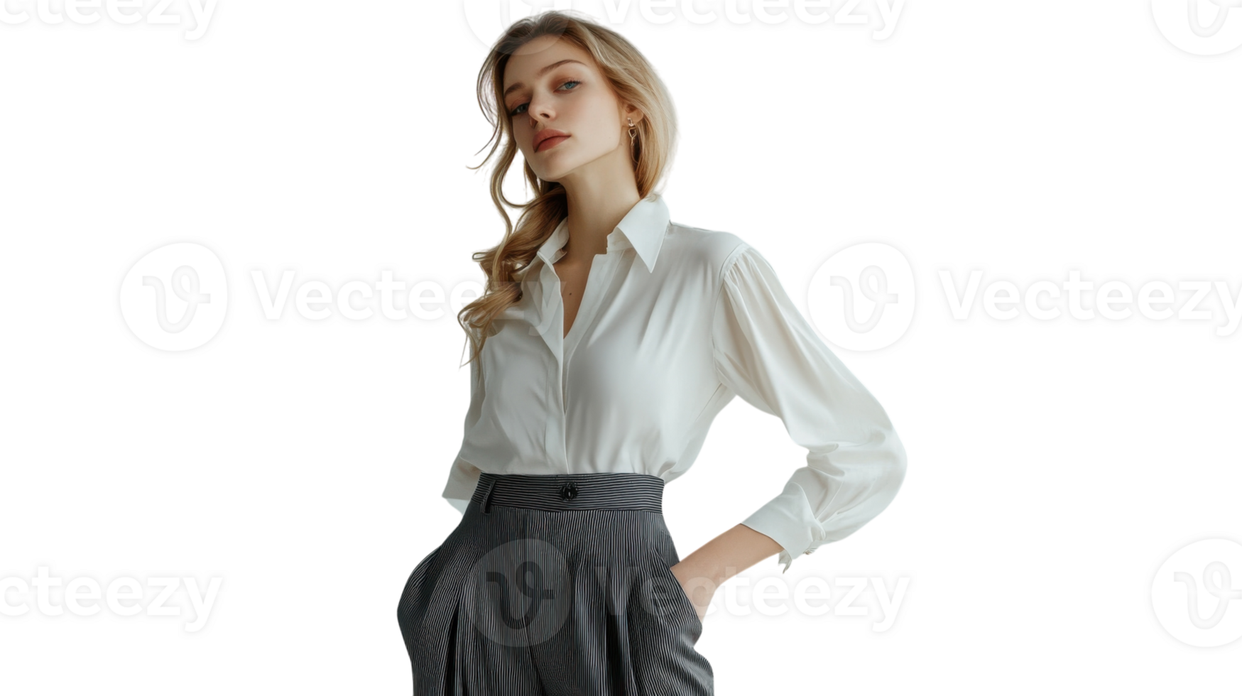 A Stylish Girl in a Silk Blouse Paired with Pleated Trousers Perfect for Fashion and Lifestyle Editorials or Casual Day Out Photoshoots. png