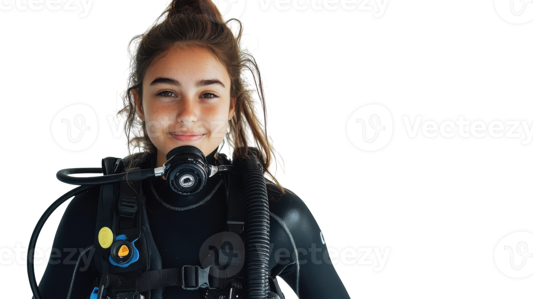 A girl in a scuba diving wetsuit gracefully posing on a bright white background, perfect for promoting water sports, adventure tourism, and diving equipment.. png