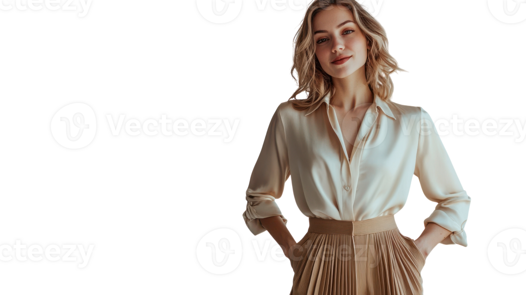 Elegant Portrait of a Girl in a Silk Blouse Paired with Pleated Trousers, Perfect for Fashion Advertising and Editorial Use. png