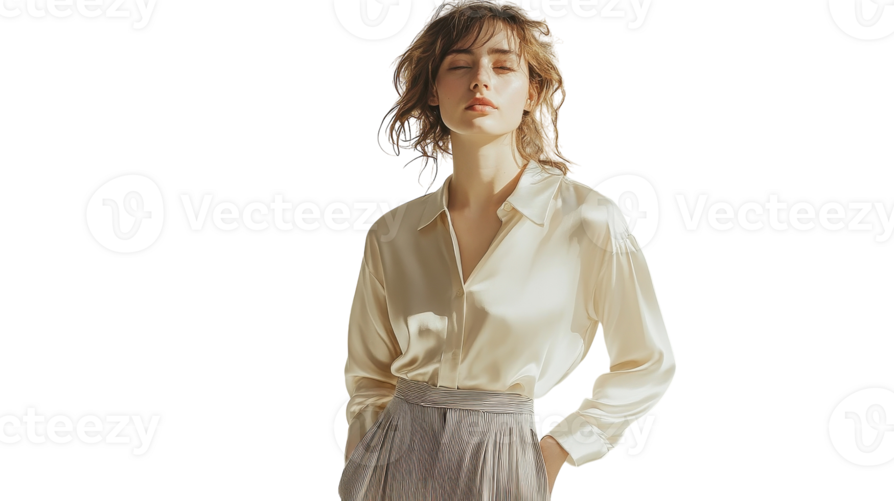 Elegant Fashion Portrait of a Girl in a Silk Blouse Paired with Pleated Trousers Suitable for Fashion Blogs, Magazines, and Online Retail Demonstrations. png
