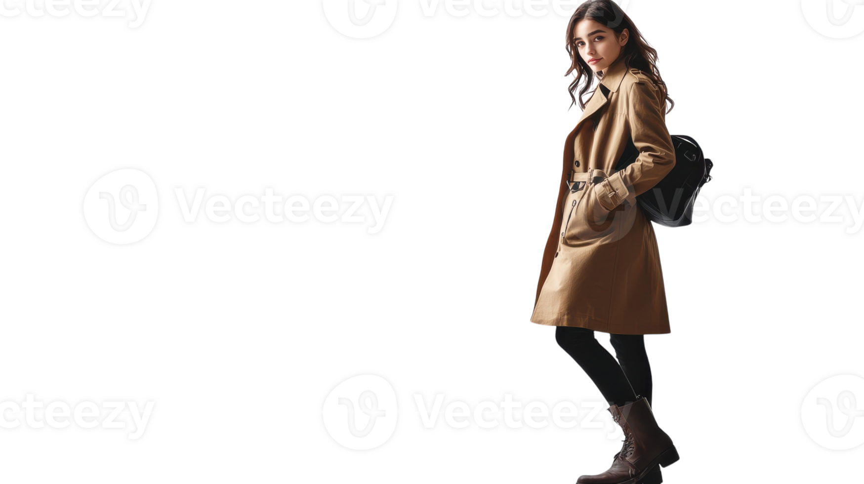 Stylish Girl in a Trench Coat and Boots Posing on a White Background for Fashion Marketing and Editorial Use. png