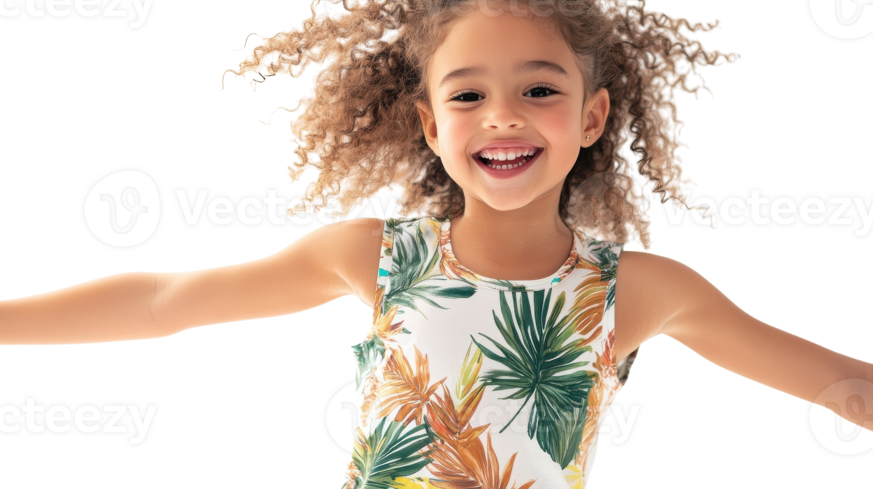 Bright and Lively Image of a Girl in a Short Romper with Tropical Prints Perfect for Fashion Blogs and Summer Campaigns. png
