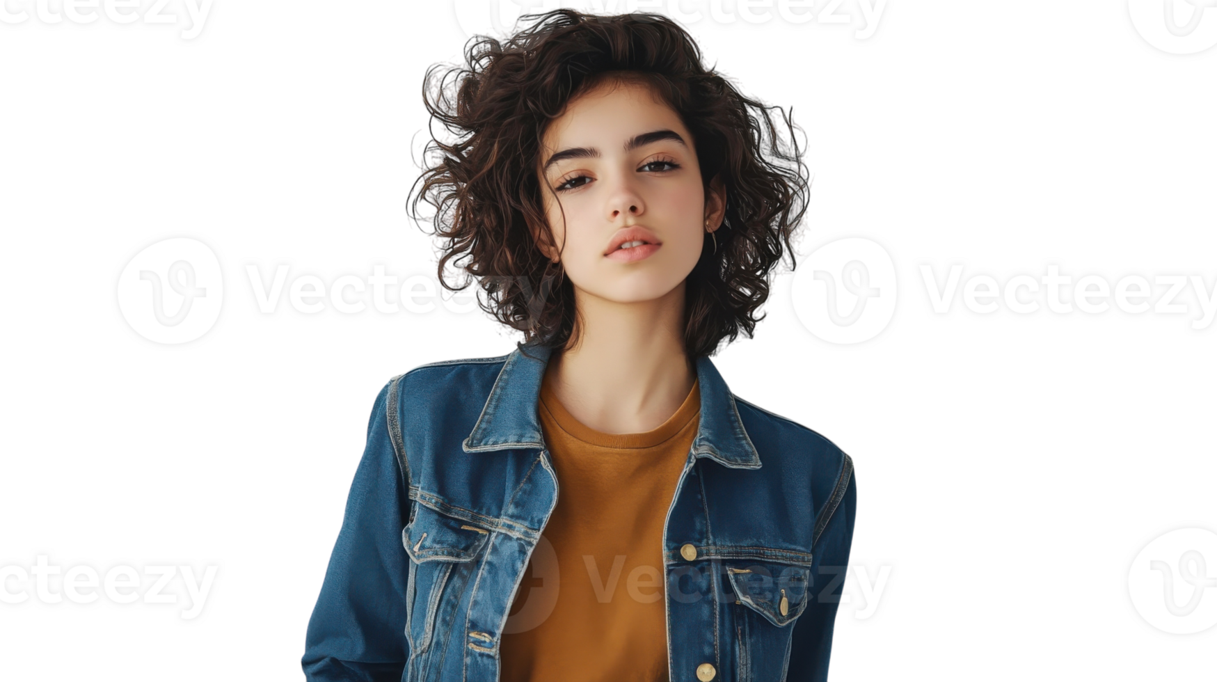 A Stylish Young Woman in a Casual Denim Jacket Perfectly Complementing a T-Shirt for Everyday Fashion Inspiration. png