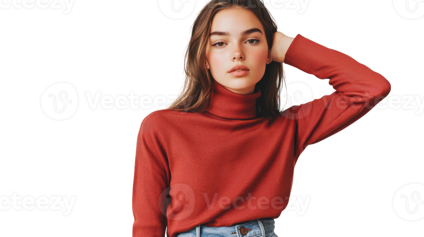 Stylish Young Woman in Casual Turtleneck Sweater and Mom Jeans Perfect for Everyday Fashion and Trendy Outfit Ideas. png