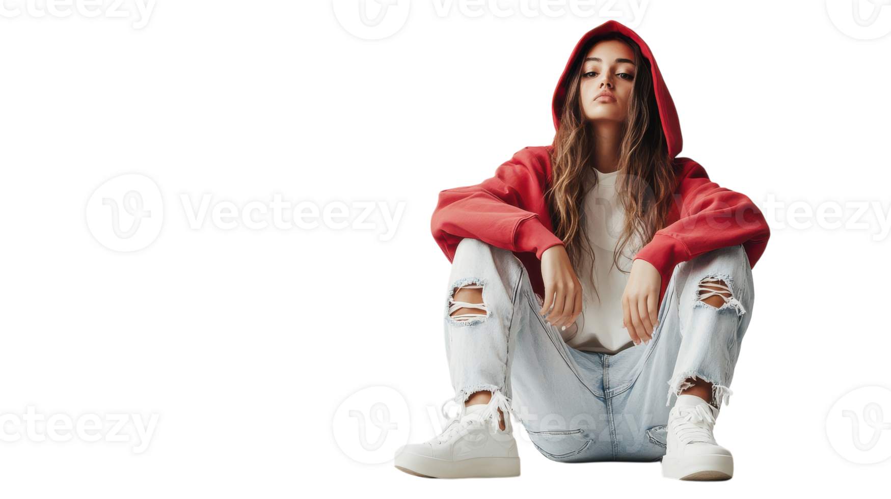 A Trendy Young Woman Dressed in a Hooded Sweatshirt and Ripped Jeans Perfect for Street Style Fashion Blogs and Social Media Posts. png