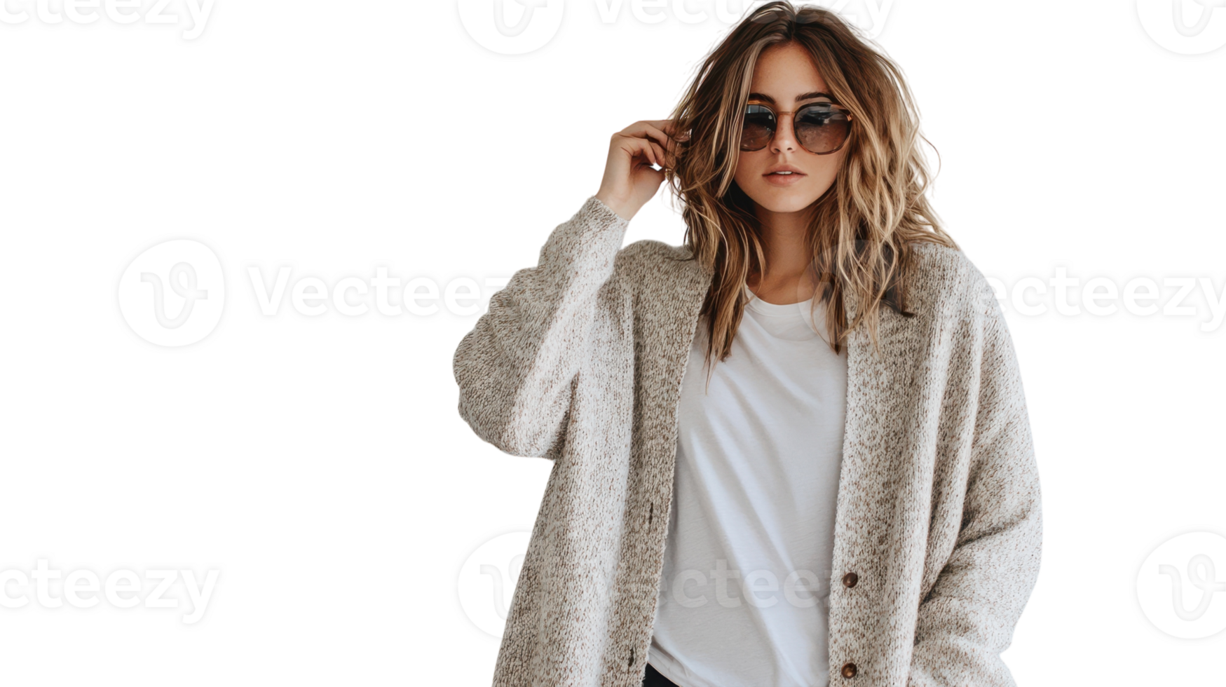 Stylish Young Woman Dressed in a Long Cardigan Over Casual Attire, Ideal for Fashion Blogs and Lifestyle Magazines. png