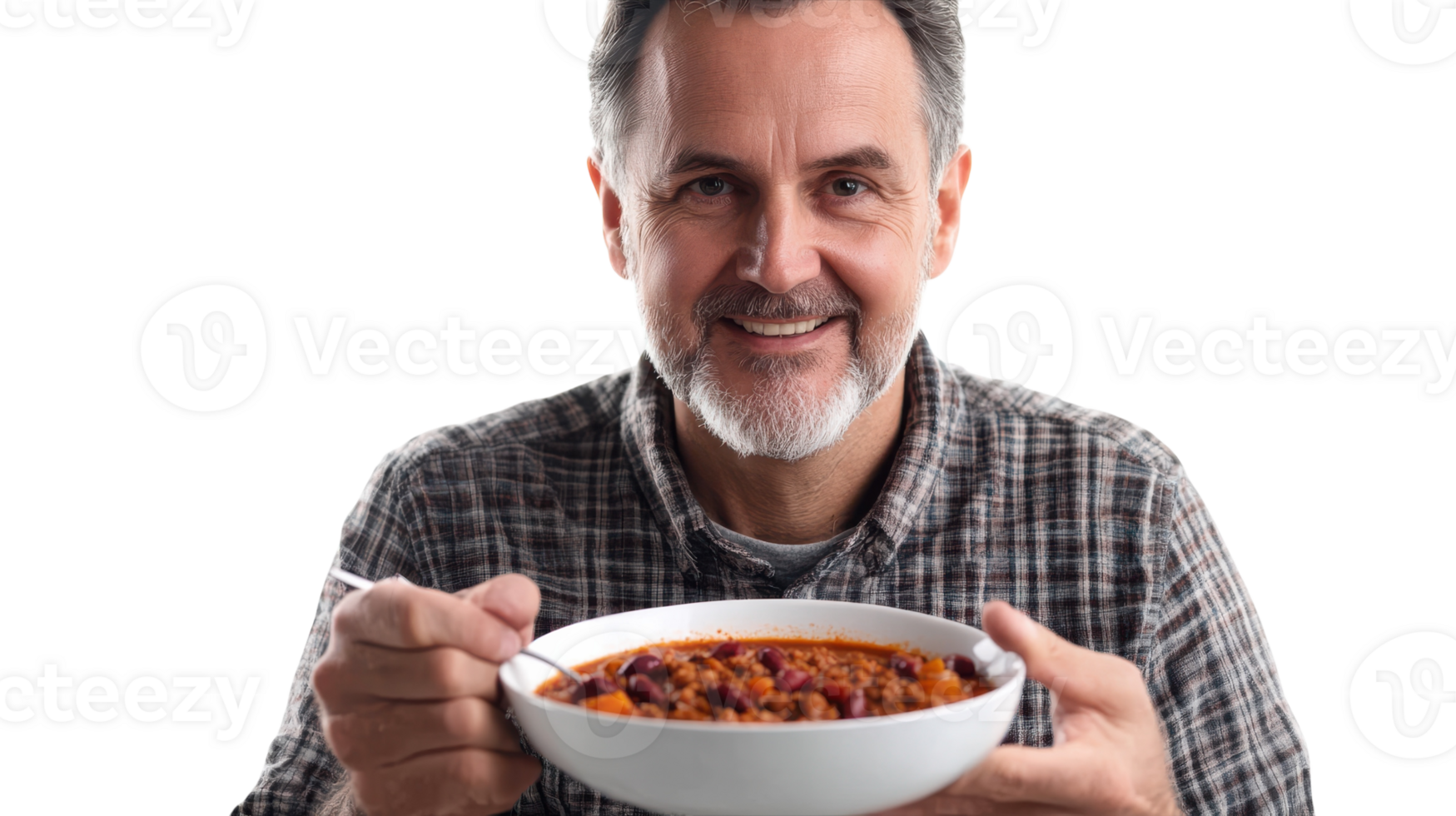 A middle aged man enjoying a bowl of chili, perfect for illustrating warmth, comfort food, and casual dining experiences in your food-related projects or articles.. png
