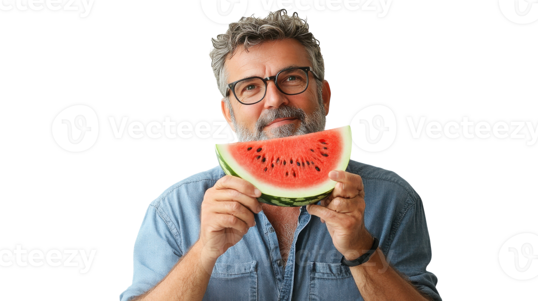 Middle Aged Man Relishing a Slice of Watermelon in a Sunlit Setting Perfect for Summer Gatherings and Refreshing Treats. png