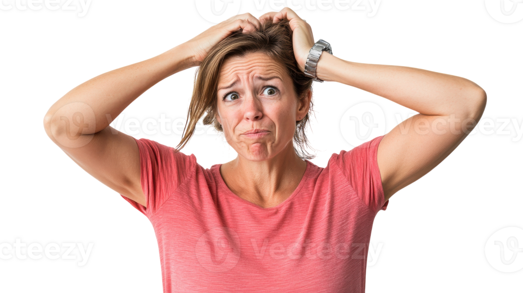 A Middle Aged Woman Displaying Confusion and Uncertainty, Ideal for Illustrating Emotional Moods and Life Challenges in Creative Projects. png