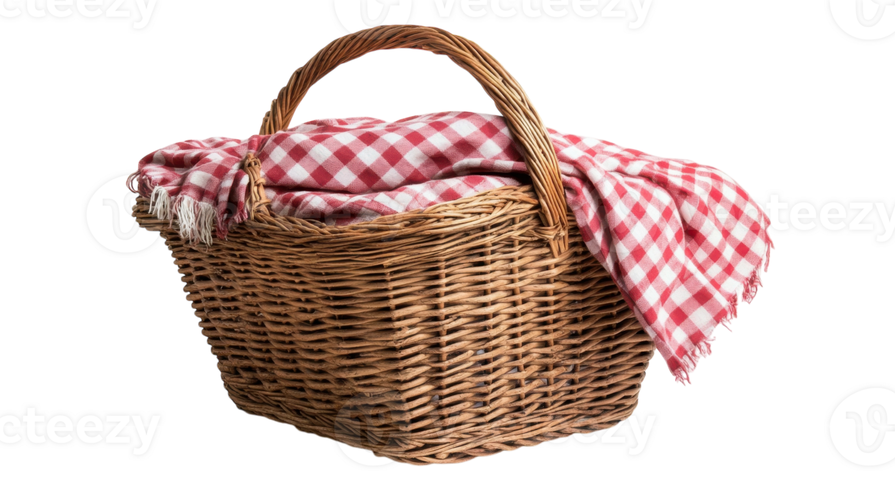 A Charming Picnic Basket with a Gingham Cloth Ideal for Outdoor Gatherings and Summer Days. png
