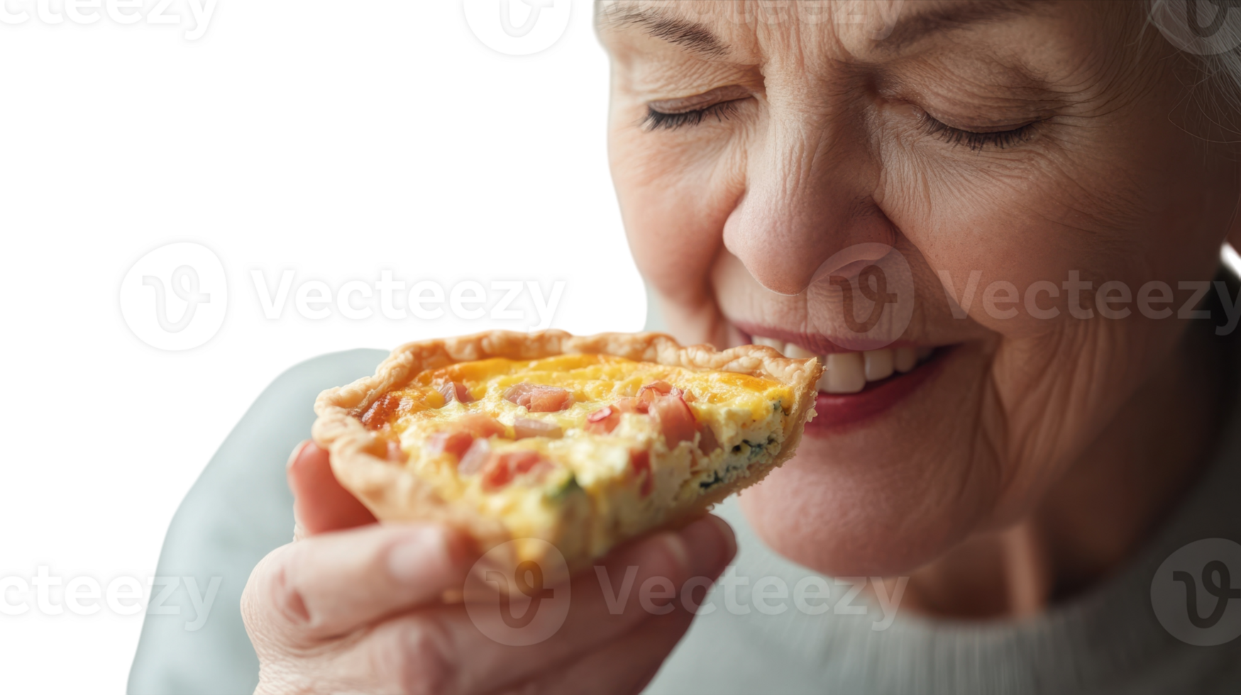A Senior Woman Delightfully Enjoying a Small Slice of Quiche Ideal for Food Blogs and Culinary Magazines. png