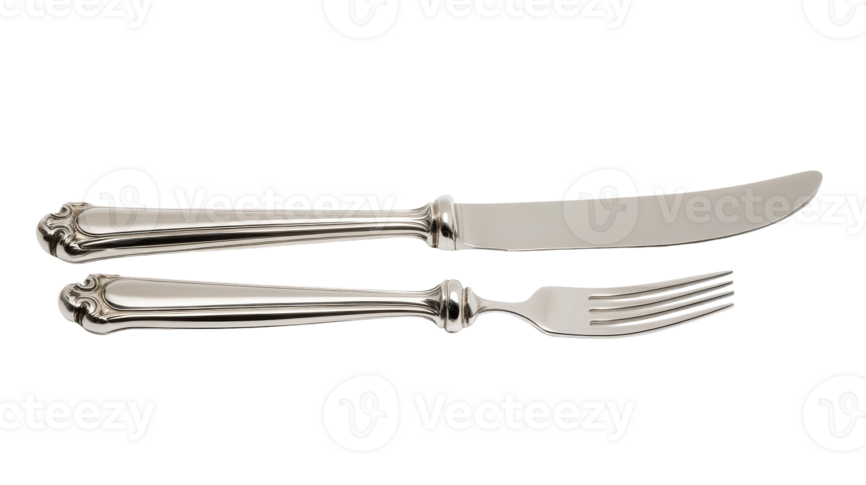 Elegant Silver Knife and Fork Set Perfect for Upscale Dining and Special Occasions Featuring a Solid White Background for a Classy Presentation. png