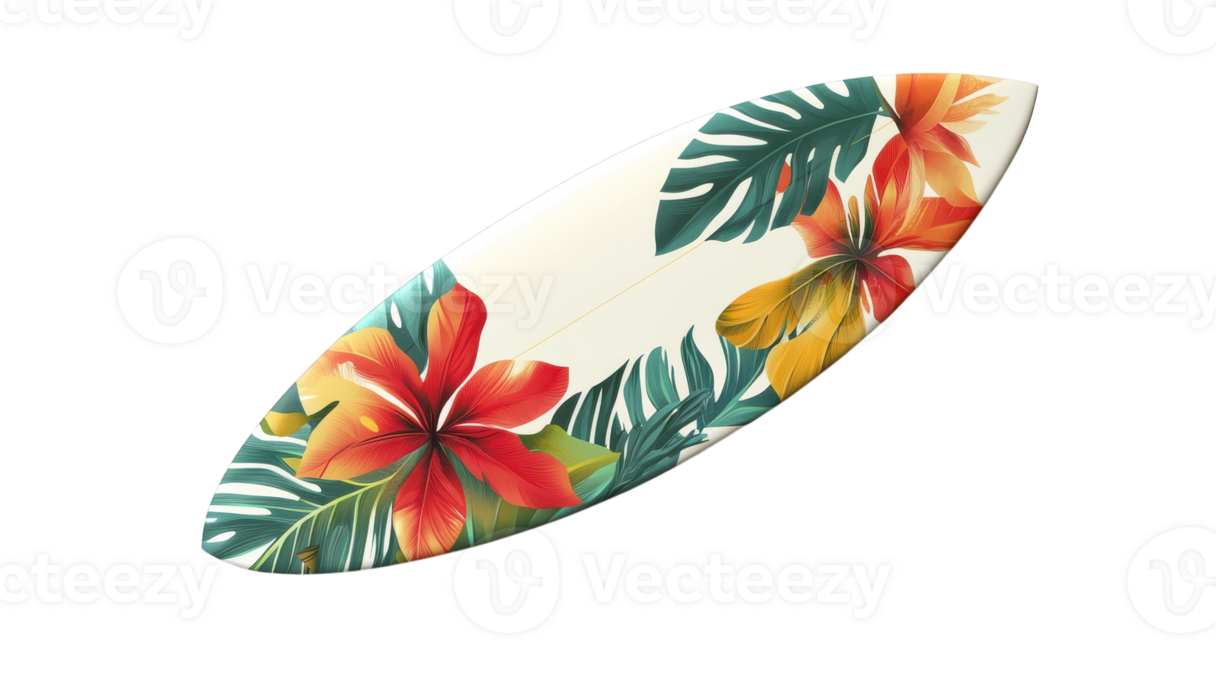 A Vibrant Surfboard with a Tropical Design Set Against a White Background Perfect for Summer-themed Graphics and Beach Lifestyle Imagery. png