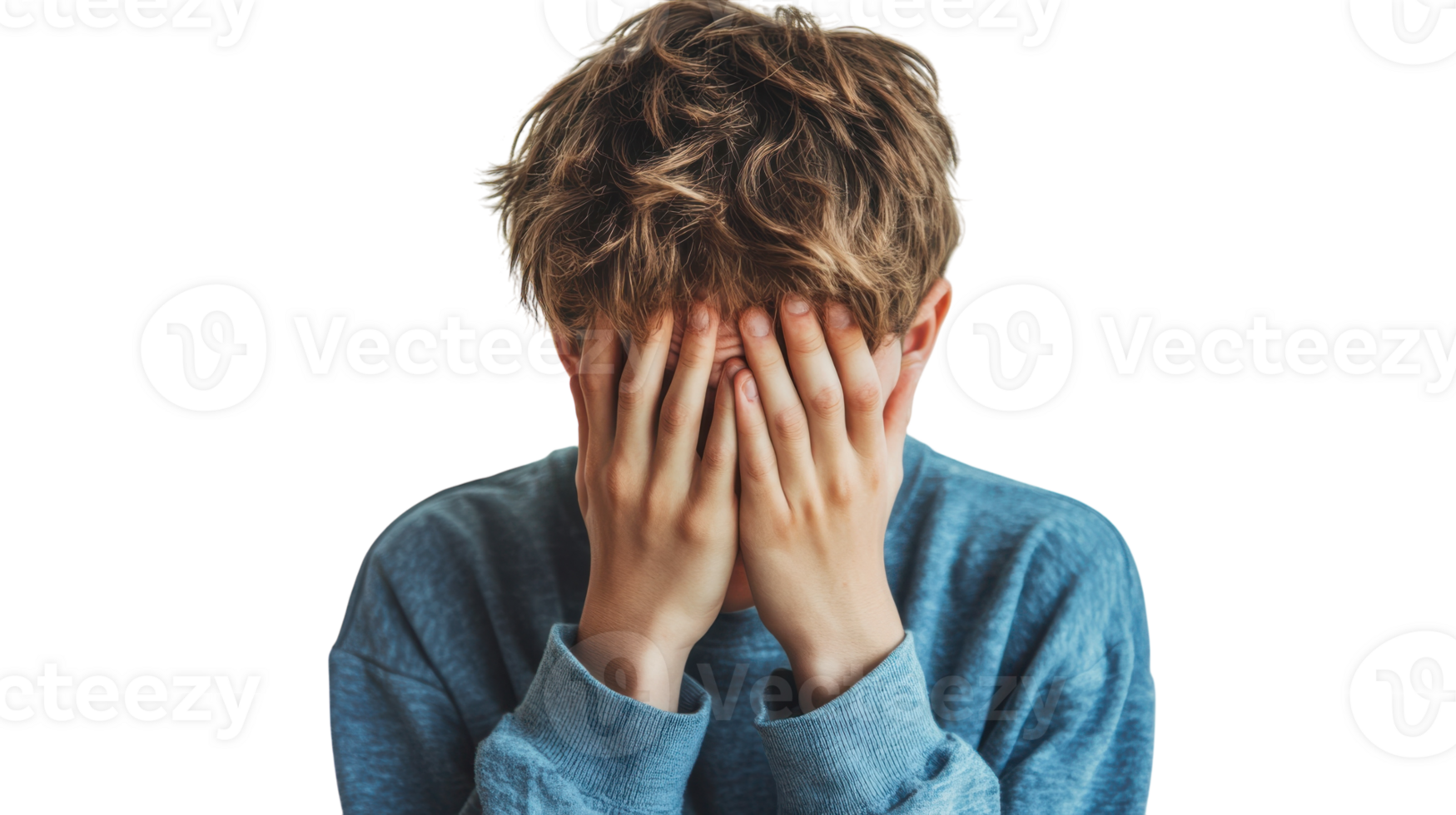 A teenage boy looking embarrassed with his hand on his face, perfect for conveying emotions in youth-related projects, advertisements, or social media content.. png
