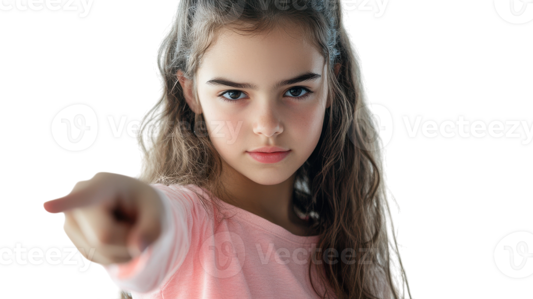 A determined teenage girl expressing her confidence and focus by pointing, perfect for motivational and empowerment themes in creative projects.. png