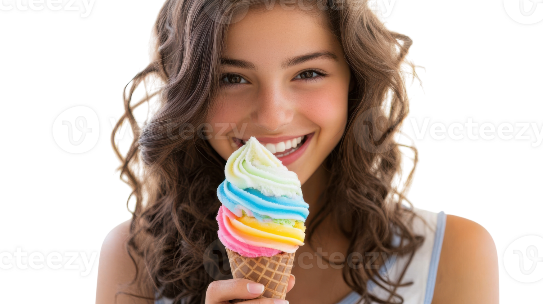 A Teenage Girl Enjoying a Colorful Ice Cream Cone in a Delightful Summer Setting Perfect for Social Media Posts and Blog Articles. png