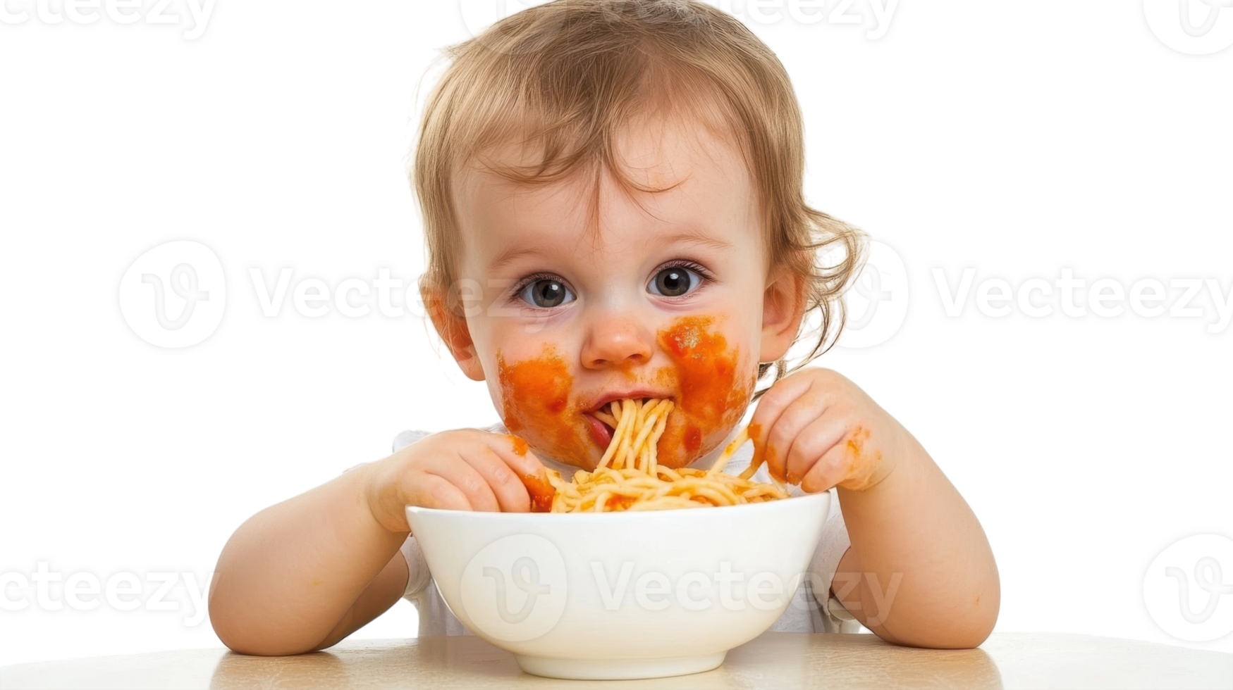 A Joyful Toddler Enjoying a Bowl of Spaghetti in a Bright Kitchen, Perfect for Family and Childhood-Themed Projects. png