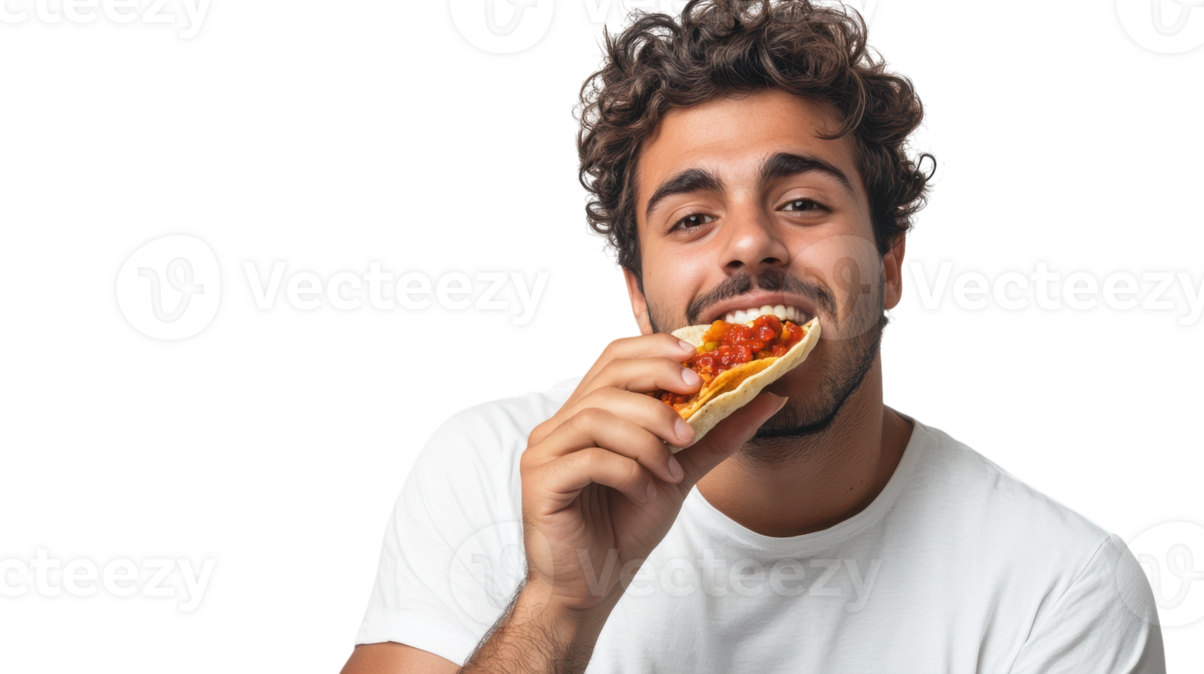A Young Adult Enjoying a Delicious Taco with Spicy Sauce Perfect for Food Enthusiasts and Culinary Creators in a Vibrant Setting. png