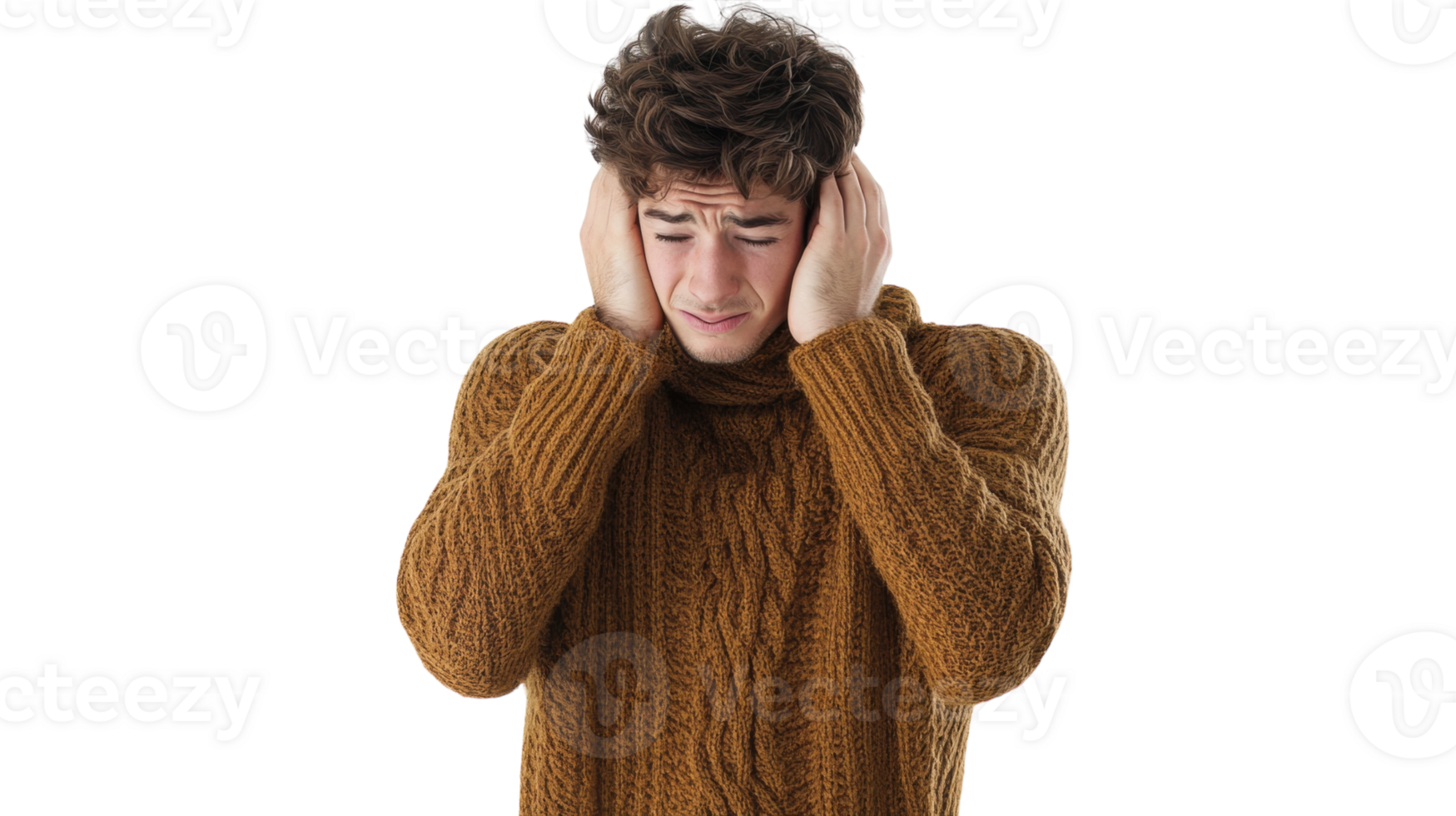 A Young Adult Man Covering His Ears in Frustration, Capturing the Essence of Stress in Daily Life for Use in Mental Health Awareness Campaigns. png