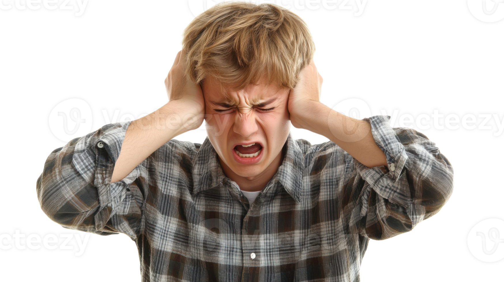 A Young Adult Man Covering His Ears in Frustration Depicting the Struggles of Overwhelming Noise and Stress in Daily Life. png
