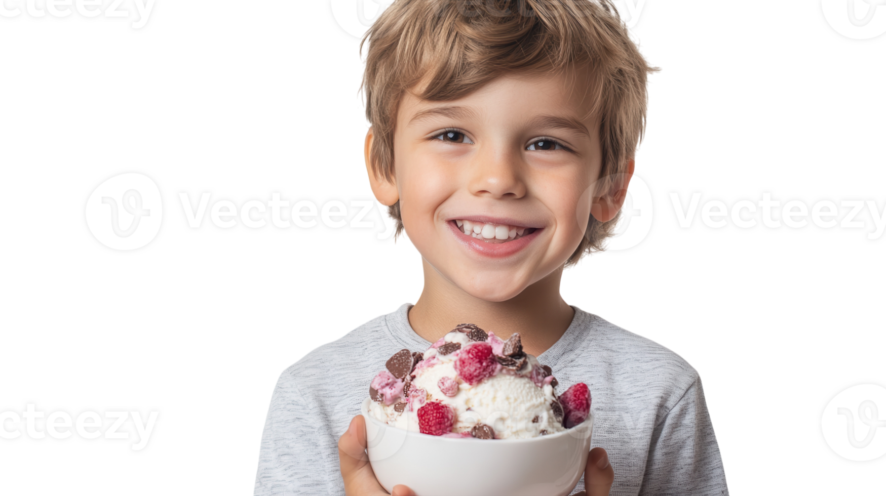 A young boy joyfully holding a bowl of ice cream, perfect for illustrating the joys of childhood and treats that bring happiness to both kids and adults. png
