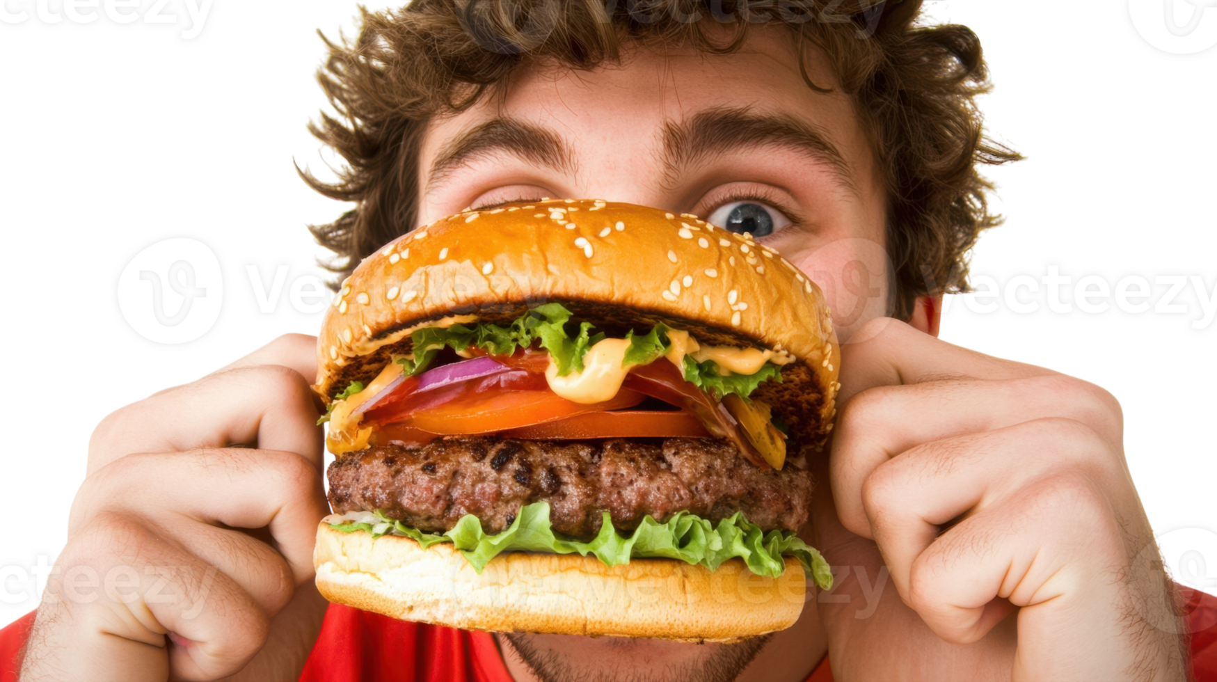 A young adult man enjoying a burger meal which is perfect for capturing the essence of casual dining and food lifestyle photography for social media posts or culinary blogs.. png