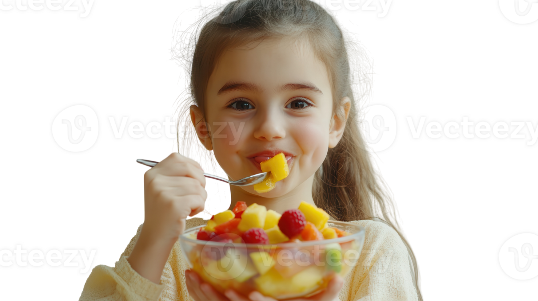 A young girl enjoying a healthy bowl of fruit salad, perfect for nutritious snacking and vibrant meals that encourage healthy eating habits in children.. png