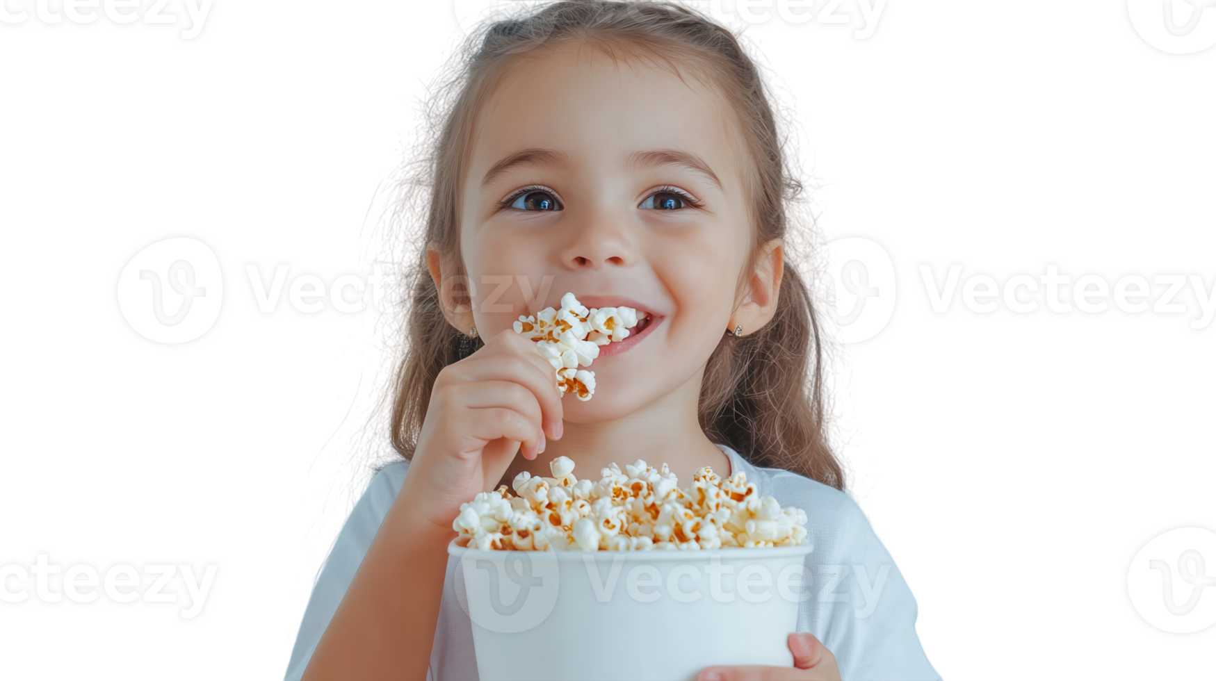 A Young Girl Enjoying a Fun Movie Night with a Big Bucket of Popcorn Perfect for Family Gatherings or Children's Parties. png