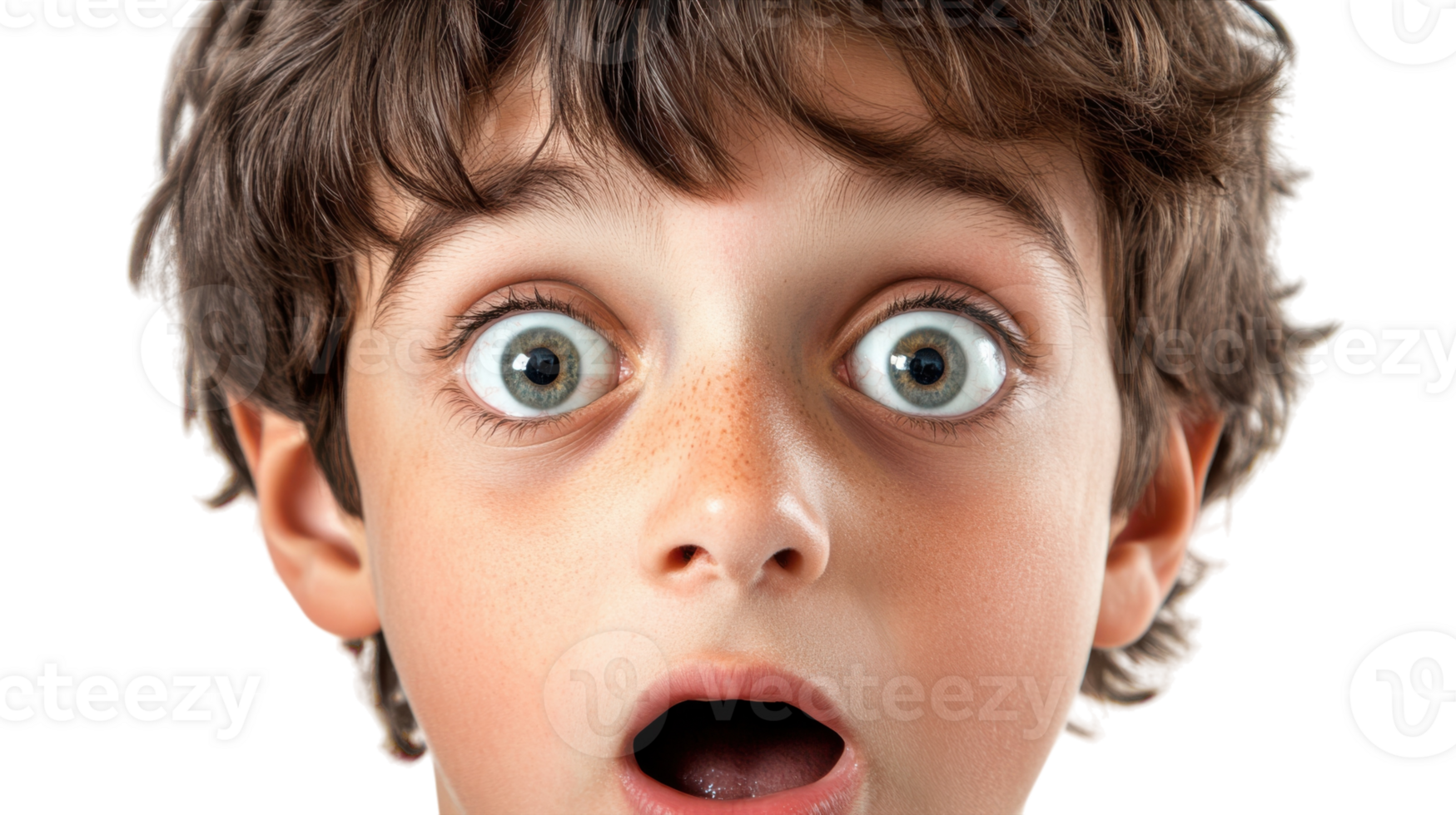 A young boy expressing surprise with wide eyes, perfect for depicting emotions of astonishment and wonder in children's marketing and educational materials.. png