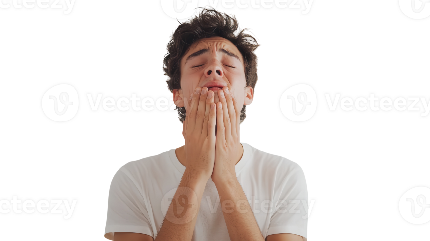 A young man dramatically pretending to cry, showcasing a theatrical expression perfect for comedic performances, acting workshops, or social media content creation.. png