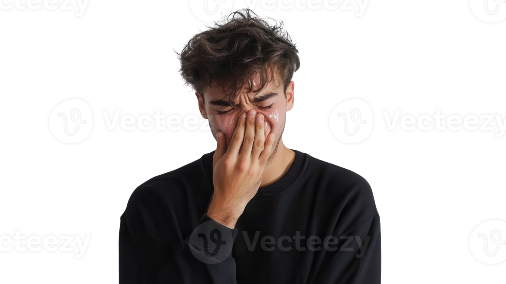 Young Man Pretending to Cry Dramatically for Comedic or Theatrical Use in Content Creation and Social Media. png