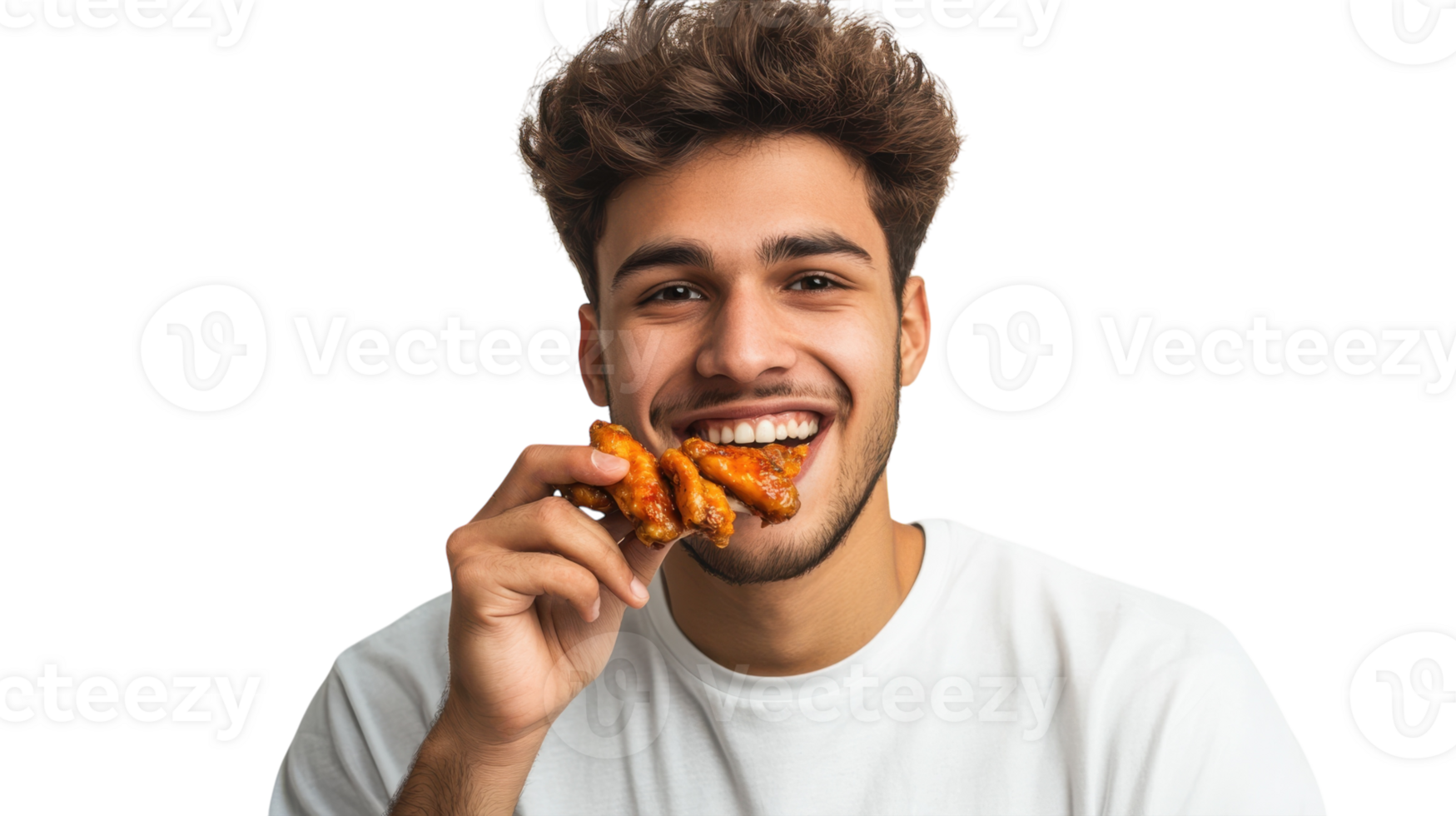 A Young Man Delightfully Enjoying Spicy Chicken Wings with a Big Smile Reflecting Joy and Flavorful Experience. png