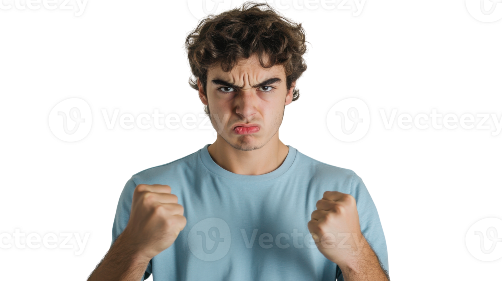 Portrait of a Young Man Displaying Anger with Clenched Fists, Perfect for Illustrating Emotional Expression, Conflict or Frustration in Various Contexts. png