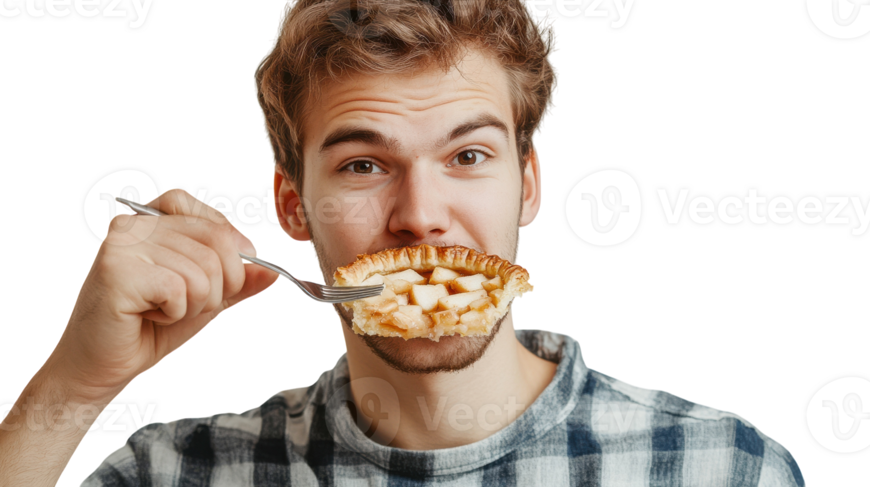 A Young Man Enjoying a Slice of Delicious Apple Pie Perfect for Food Blogs and Culinary Articles. png